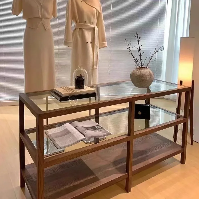 Solid wood island cabinet women's clothing store display middle table jewelry display rack glass island platform