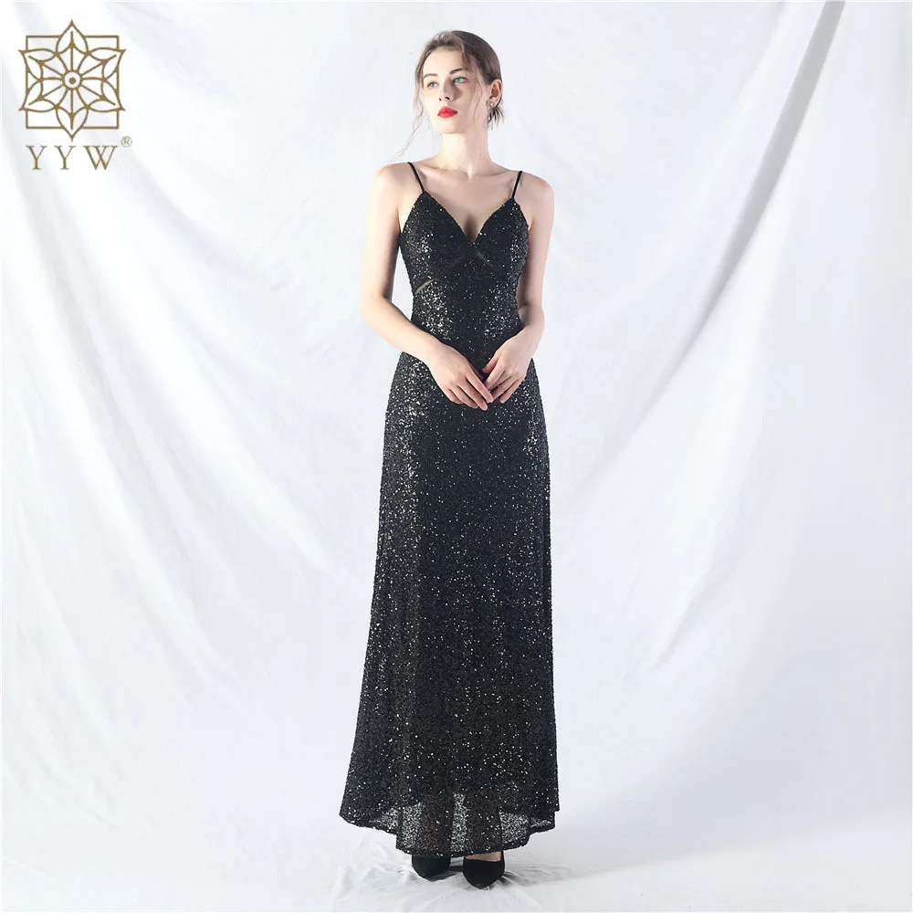 Sexy Evening Dresses Deep V Long Women's Sequin Formal Dress Polyester Slim Long Evening Dress Party Maxi Dress Backless Slit