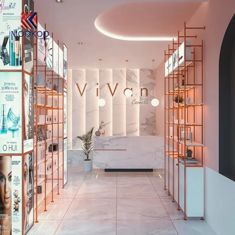 custom.High End Customized 3D Design Modern Skin Care Shop Display Racks Interior Display Furniture Factory Direct Sale