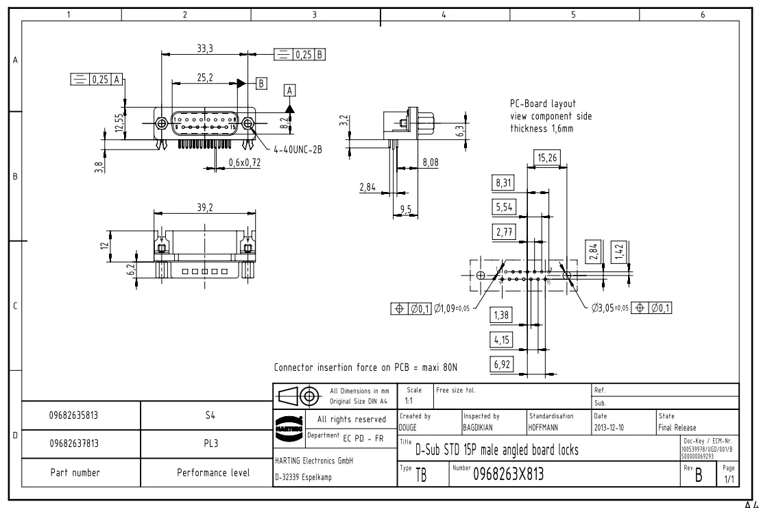 09682635813 HARTING D-Sub 2 U.S. Footprint 6.5A15 pin Male