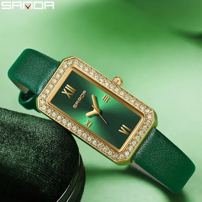 

SANDA women's square quartz watch retro simple diamond inlaid mother of pearl square watch light luxury retro gift watch