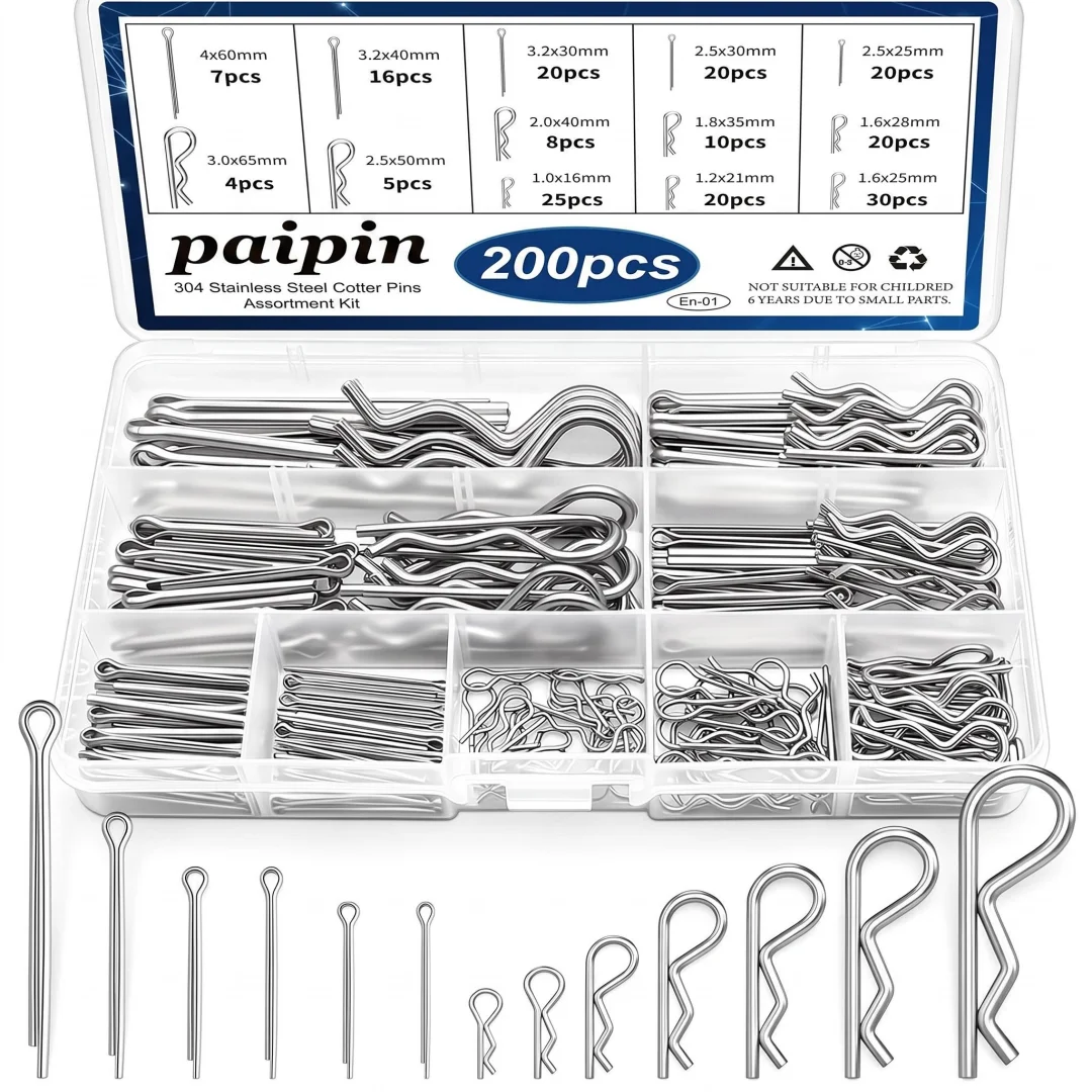200Pcs Assorted Cotter Pins Kit Hitch Pin Clips for Locking Systems Ideal for Farm Tools Tractor Implement