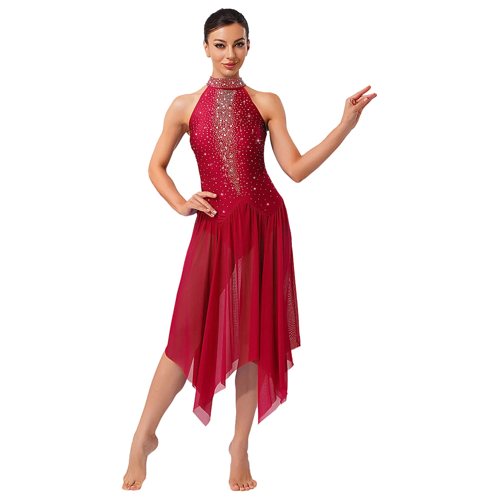 

Women Lyrical Modern Ballroom Dance Performance Dress Female Figure Skating Gymnastics Active Dress Sheer Mesh Elegant Dancewear