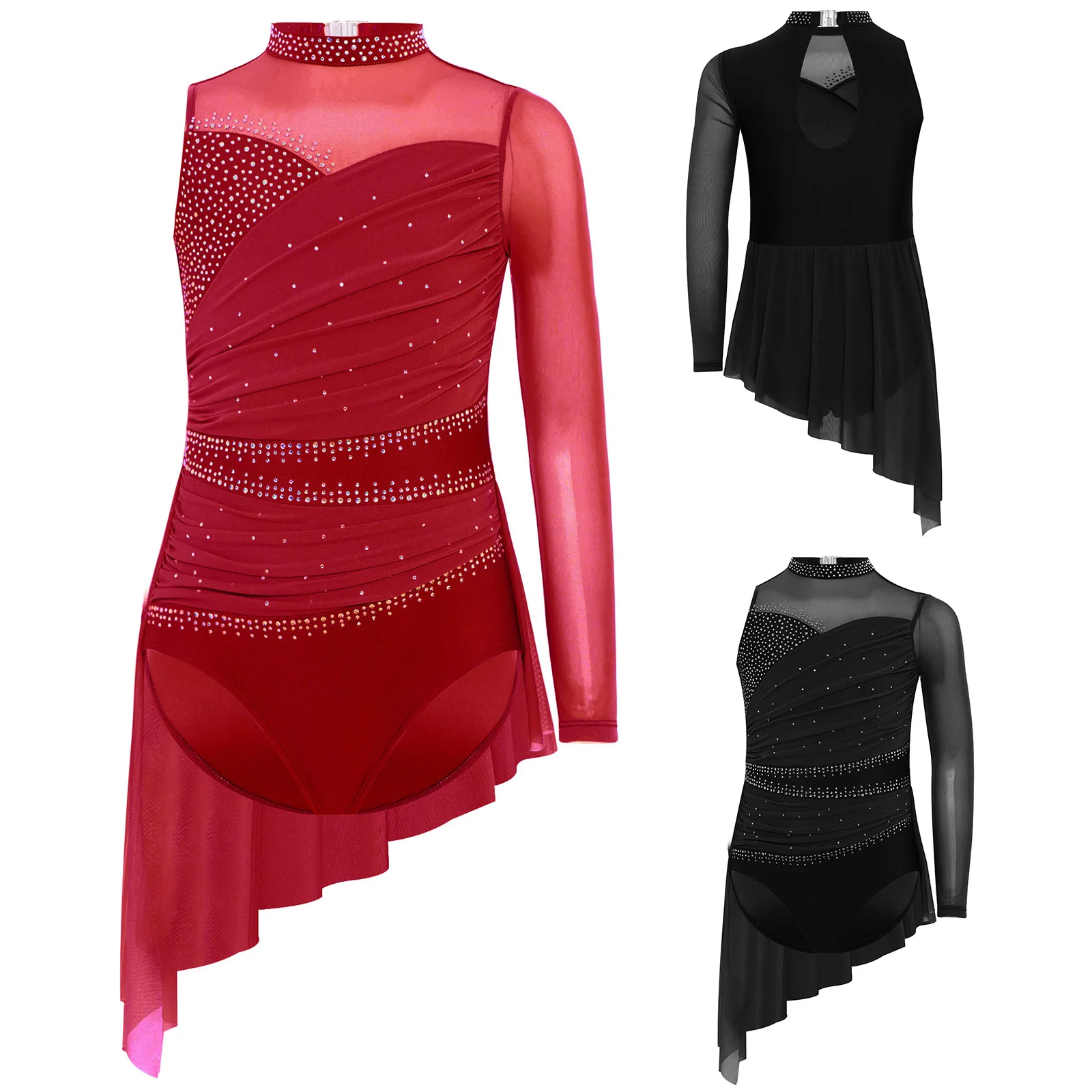 فستان رقص غنائي للأطفال البنات، زي أداء التزلج على الجليد، فساتين يوتار شبكية غير متناظرة بأحجار الراين #1