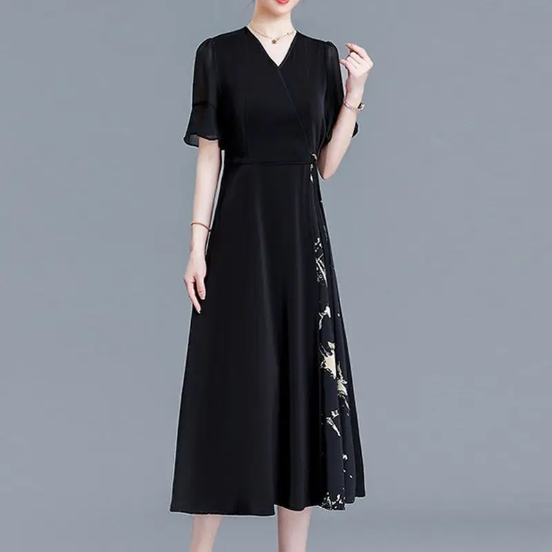 2024 New Summer Elegant Temperament China-Chic New Chinese Fashion V-neck Splice Print Simple Commuter Horn Sleeve Dress