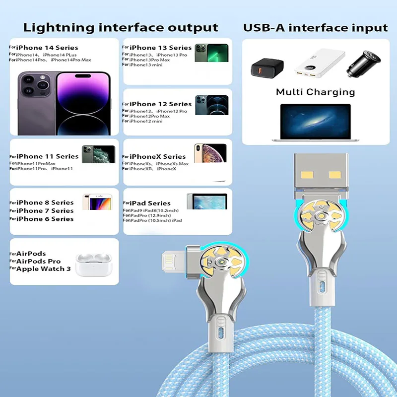 Elbow 180° Rotation 65W USB C To Lightning Braided Cable For iPhone 14 13 12 Pro Max Fast Charging For Samsung Charger Accessory