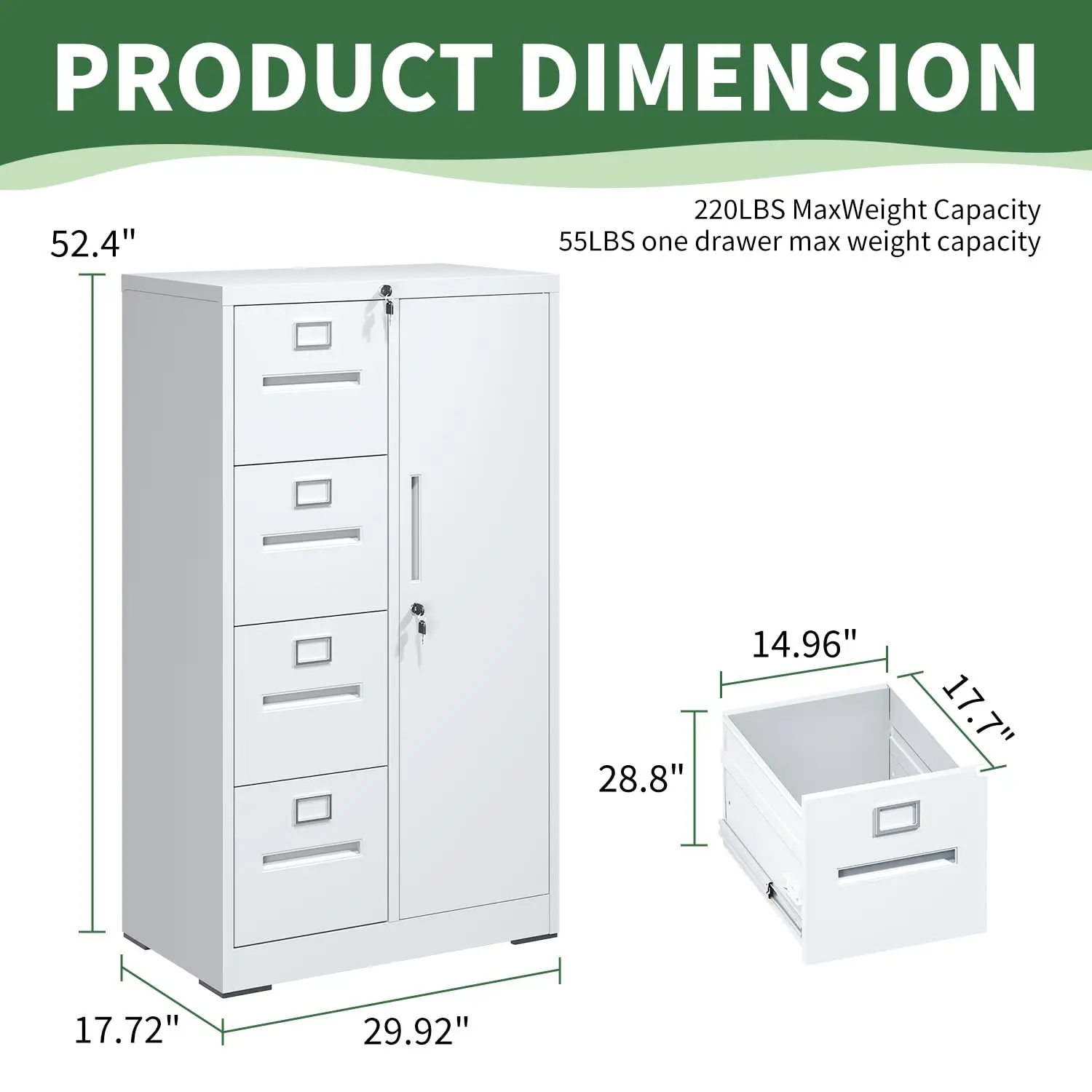 Vertical File Cabinet 4 Drawer with Lock & Door, Storage Shelves for A4 Legal Letter Office Home, Metal, Customized