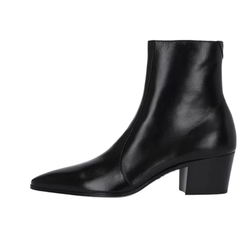 

Black Cow Leather Pointed-Toe Ankle Boots Block Heel Side Zipper Western Men's Chelsea Boots 6cm