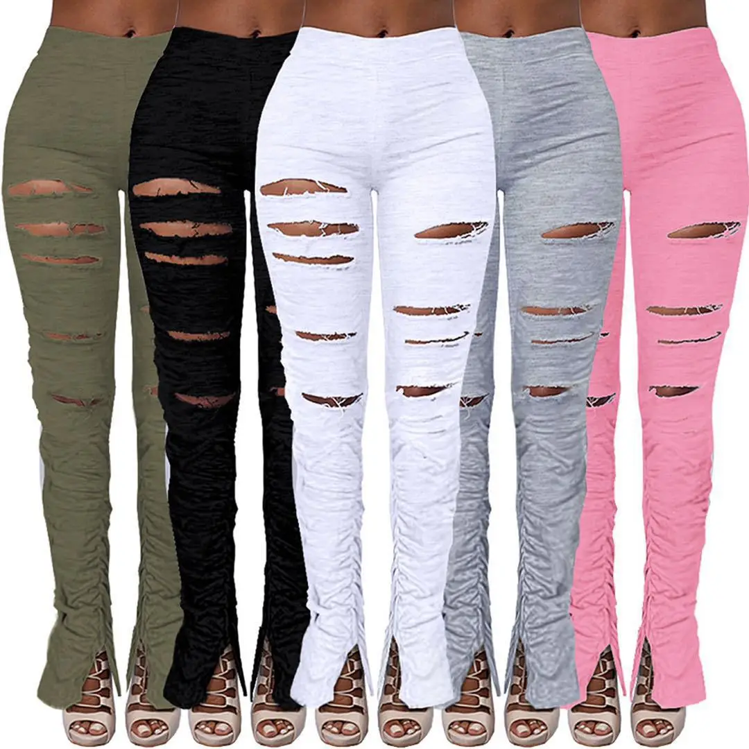 

Perforated Comfortable Fashionable Casual Solid Color Folded Split Micro Raging Sports Pants for Women Spring/Summer 2024