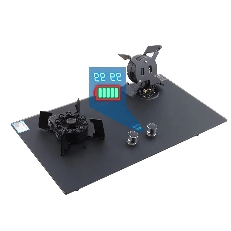 Timing Folding Yuanyang Gas Stove for Home Use, Tempered Explosion-Proof Glass Panel Double Burner Cooktop