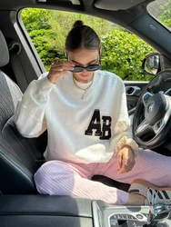 New Letter Embroidered Sweatshirts Women 2024 Autumn O Neck Long Sleeve White Sport Pullover Tops Streetwear Fashion Sweatshirts