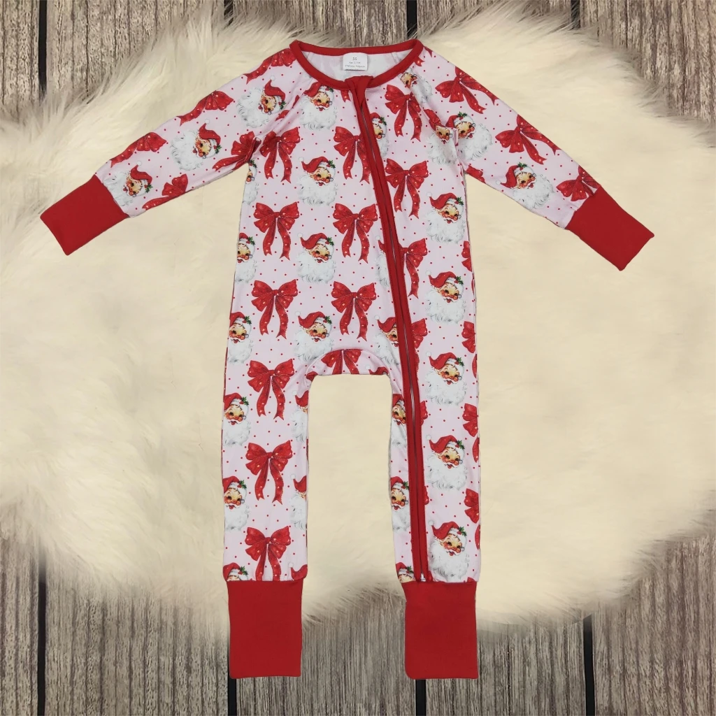 

Newborn Infant Baby Girl Christmas Romper Round Neck Long Sleeve Full Length Red Santa Bows Footie Zipper Jumpsuit for Toddler