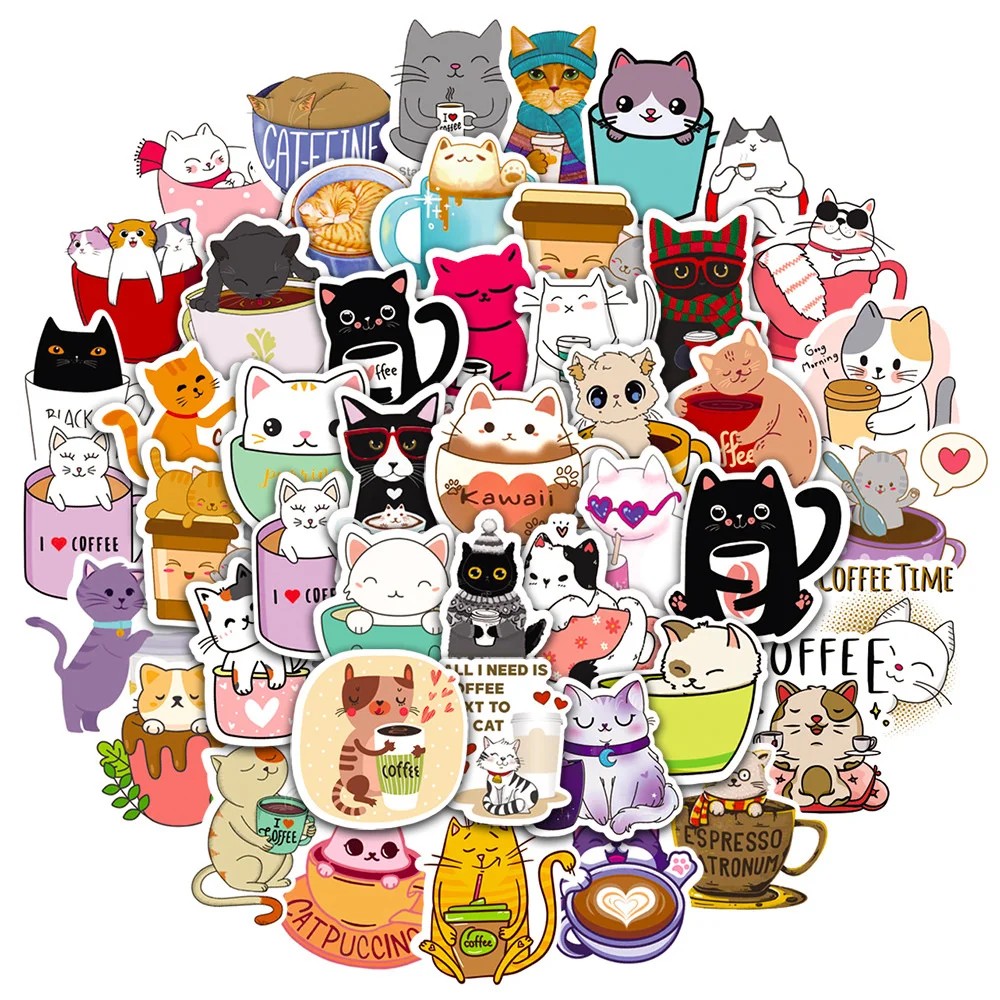 50 PCS Cartoon Hand-painted Cat Coffee Stickers Decals Laptop Mobile Phone Luggage Skateboard iPad Children\'s Toys Waterproof St