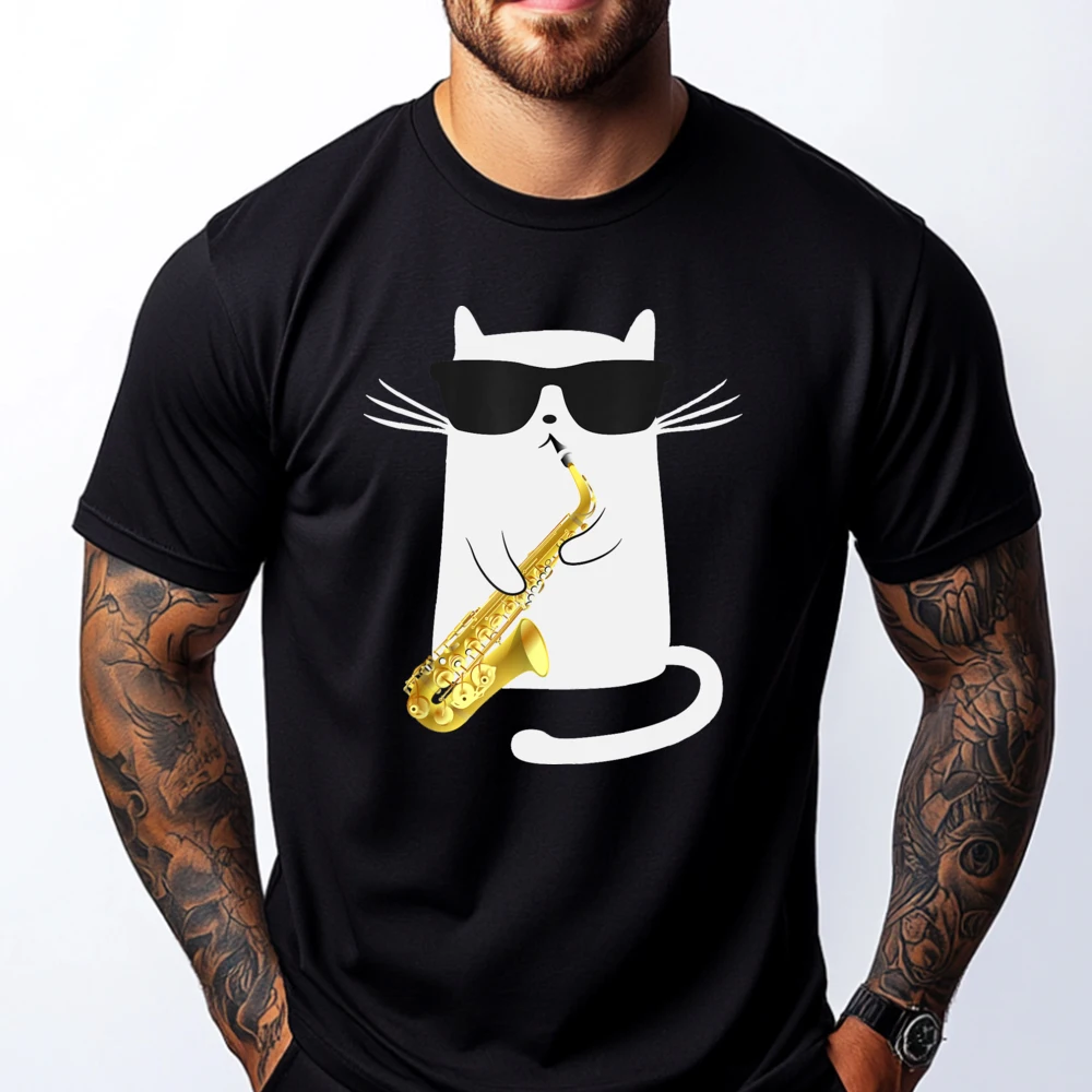 The cat plays the saxophone Graphic T Shirts Men Cotton Man Clothes T-shirts