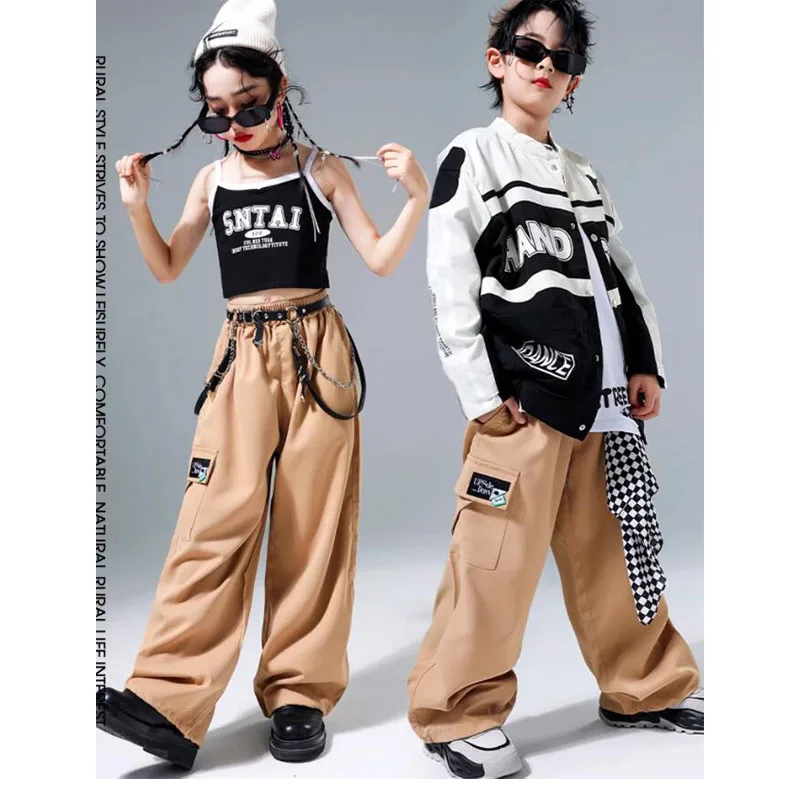 Costumes de danse de rue pour enfants, ensembles de vêtements Hip Hop, veste et pantalon cargo, manteau court noir, streetwear pour garçons et filles, olympiques de jazz