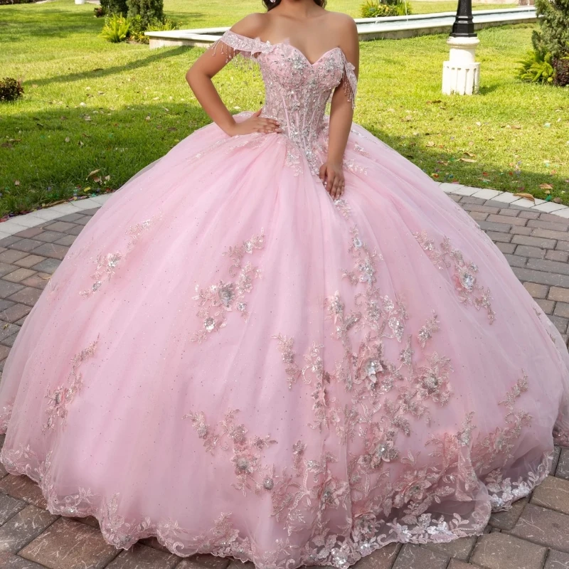 

Customized Pink Off The Shoulder Quinceanera Dresses Sweet 16 Dress Applique Lace Beads Tull Party Birthday Dress vestidos de15