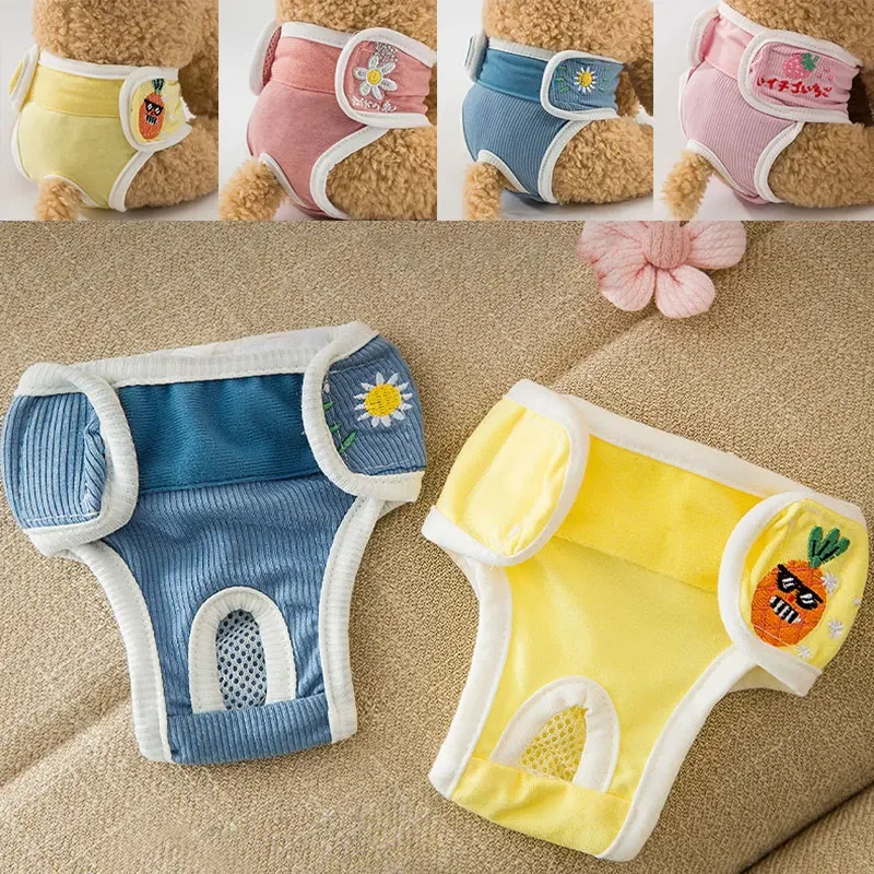 Cartoon Embroidery Pet Physiological Pants for Female Small Dog Puppy Washable Reusable Doggie Diapers Underwear Short Diaper