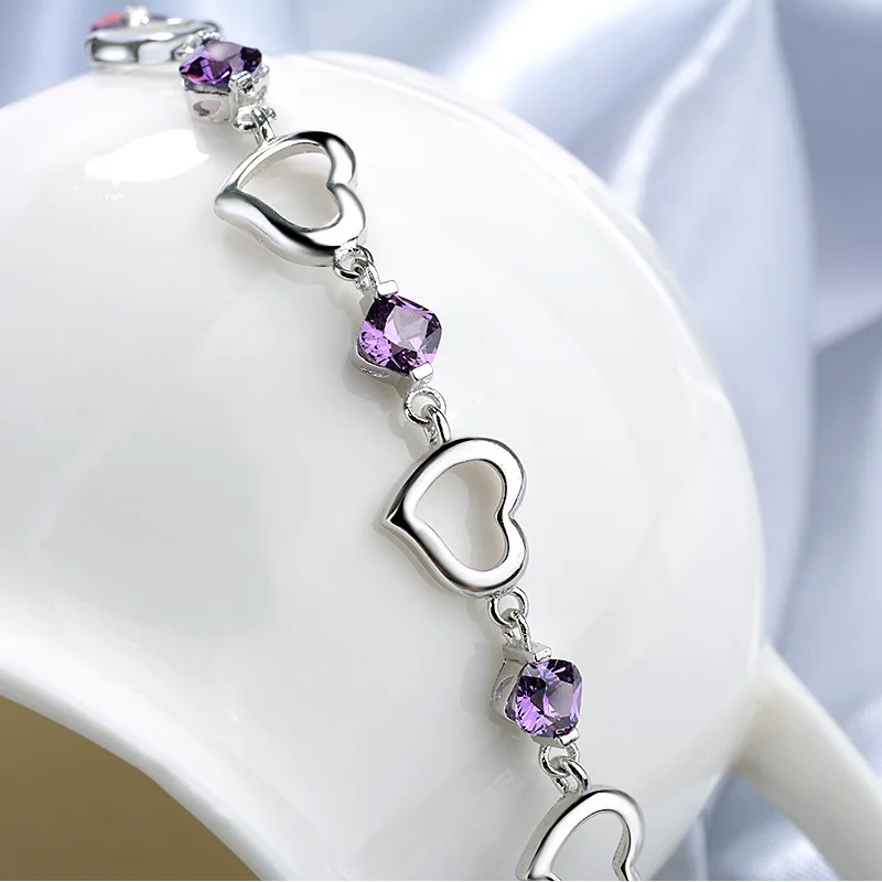 Sterling Silver Heart Shaped Bracelet for Women Vintage Purple Amethyst Bracelets Jewelry Set Party Jewelry Bangles for Women