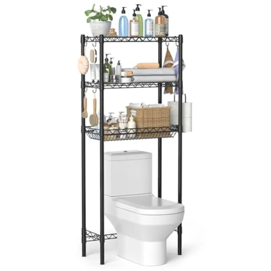 

Over The Toilet Storage Shelf Adjustable Bathroom Organizer with Toilet Paper Holder and 8 Hooks 3 Tier Sturdy Metal Space Save