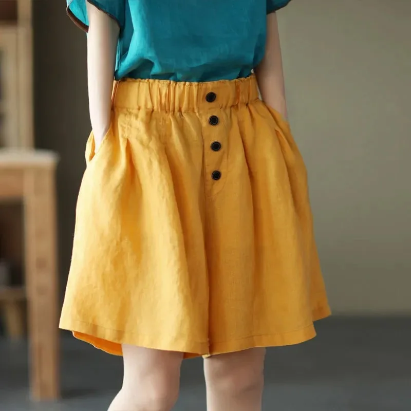 Summer New Women Vintage Cotton and Linen Solid Color Casual Loose Large Size Pure Cotton All-match Wide Legs Multicolor Shorts