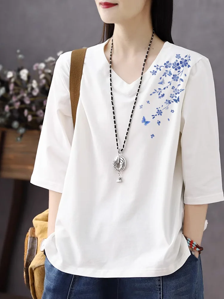 Camiseta de manga 3/4 con cuello en V de algodón puro para mujer, ropa interior informal holgada, Top con estampado cómodo y transpirable para primavera y verano