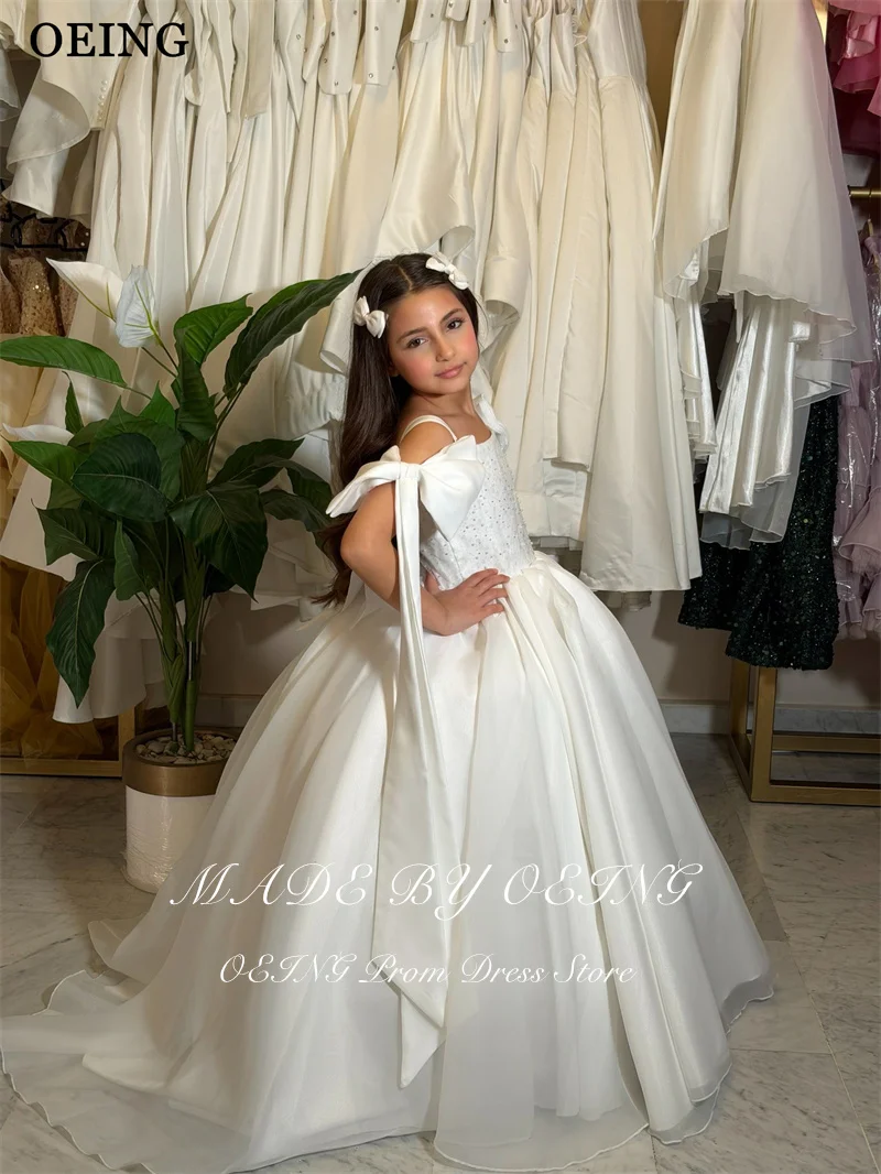 OEING Simple Ivory Ball Flower Girl Dresses Sequined Bows Maxi Sleeveless Princess Dress Draped Girl Birthday Dress Customized