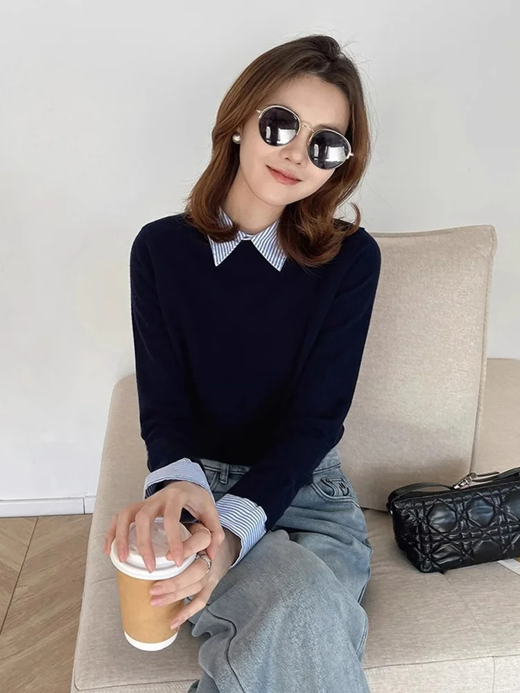 

Корейский свободный длинный вязаный свитер светящегося цвета, осень-зима, повседневный универсальный женский топ с цветочным воротником