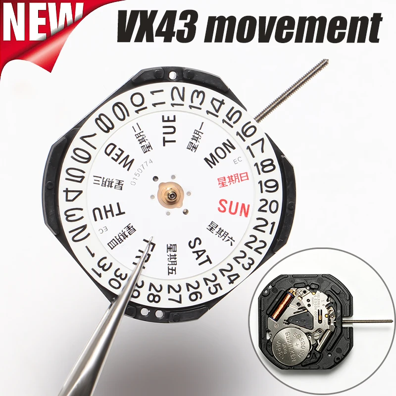 For VX43 Quartz Watch Movement With Day Date Stem & Battery For VX43-3 o'colck Replacement Repair Accessories China And English