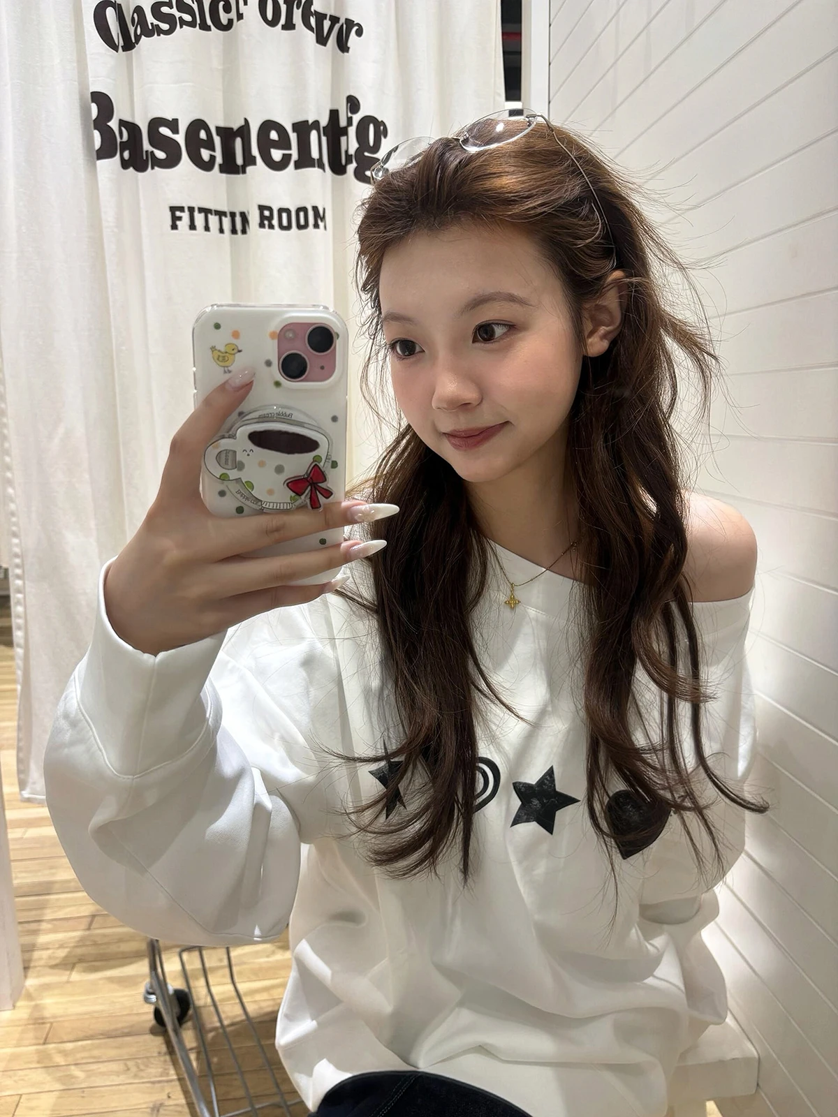 

Sakura Model Star Heart American Print Long Sleeve Hoodie Women's Loose Fit Comfortable Versatile White Sweatshirt Casual