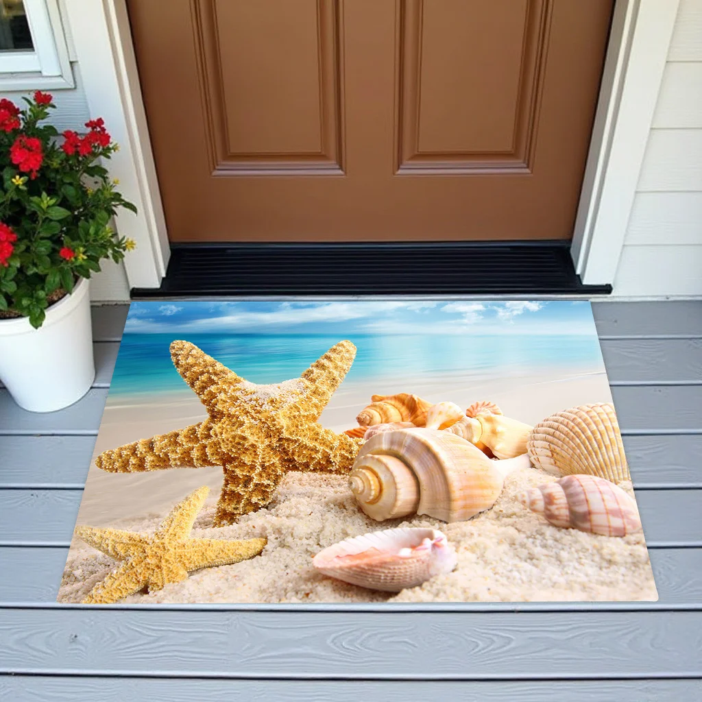 Realistic Beach Sand Starfish Doormat Coastal Seashell Print For Bathroom Entryway And Summer Patio Decor