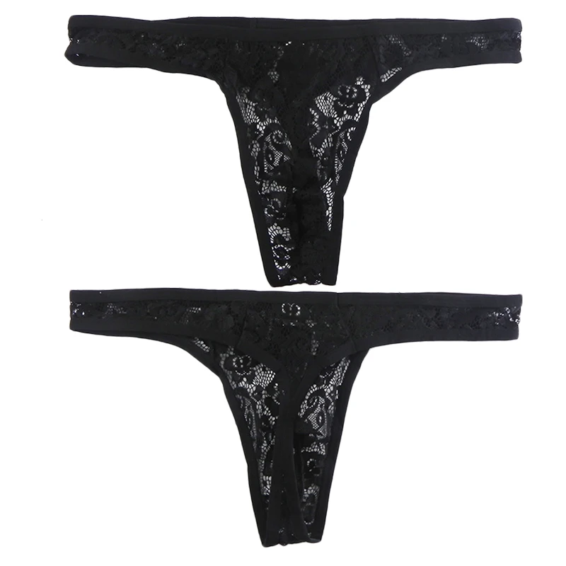 Men\'s Sexy Lace Thong See Through Exotic Lingerie Breathable Sissy Crossdress T Back Panties Floral Mesh Underwear Hombre Bikini