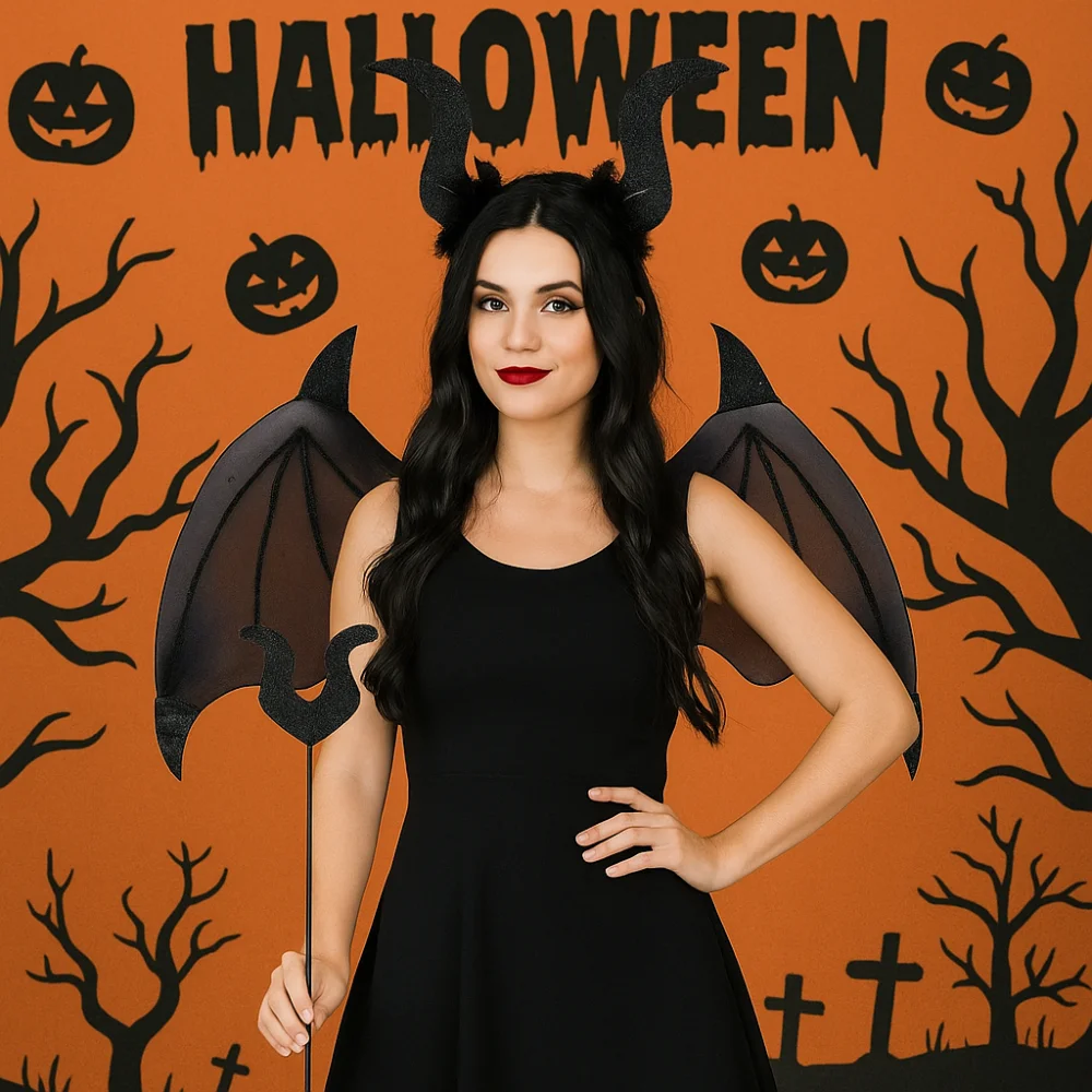 

3Pcs/Set Funny Halloween Cosplay Props Bat Wings with Tail Demon Horn Hair Band Halloween Costume Accessories Wand Party