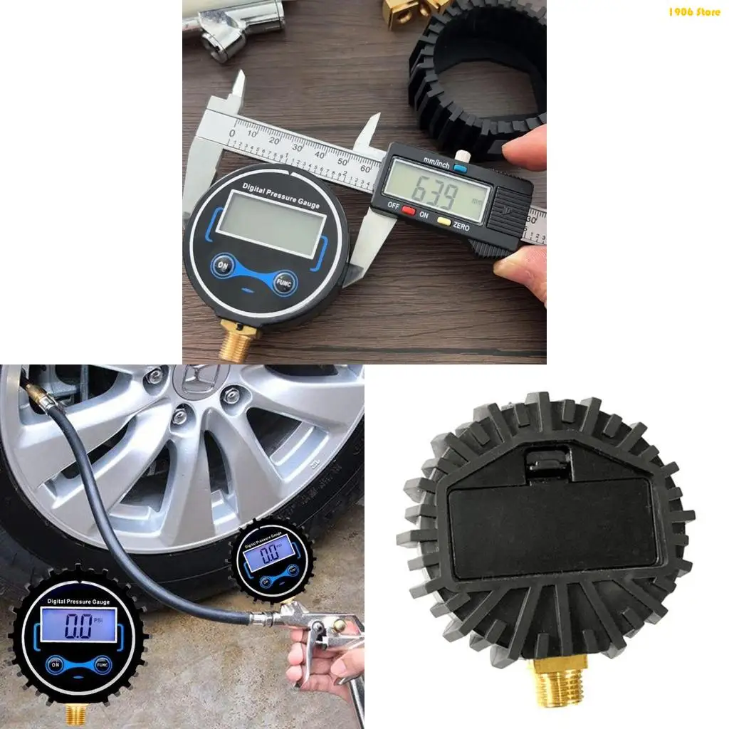 U1JB Size Digital Air Pressure Gauge with 2 Bottom Connector & Protective Boot 0-250psi Battery Powered for Car