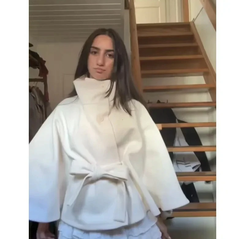 معاطف كيب قصيرة للنساء معاطف خليط الحزام للخريف والشتاء معاطف صلبة أنيقة عباءة سترة للسيدات #4