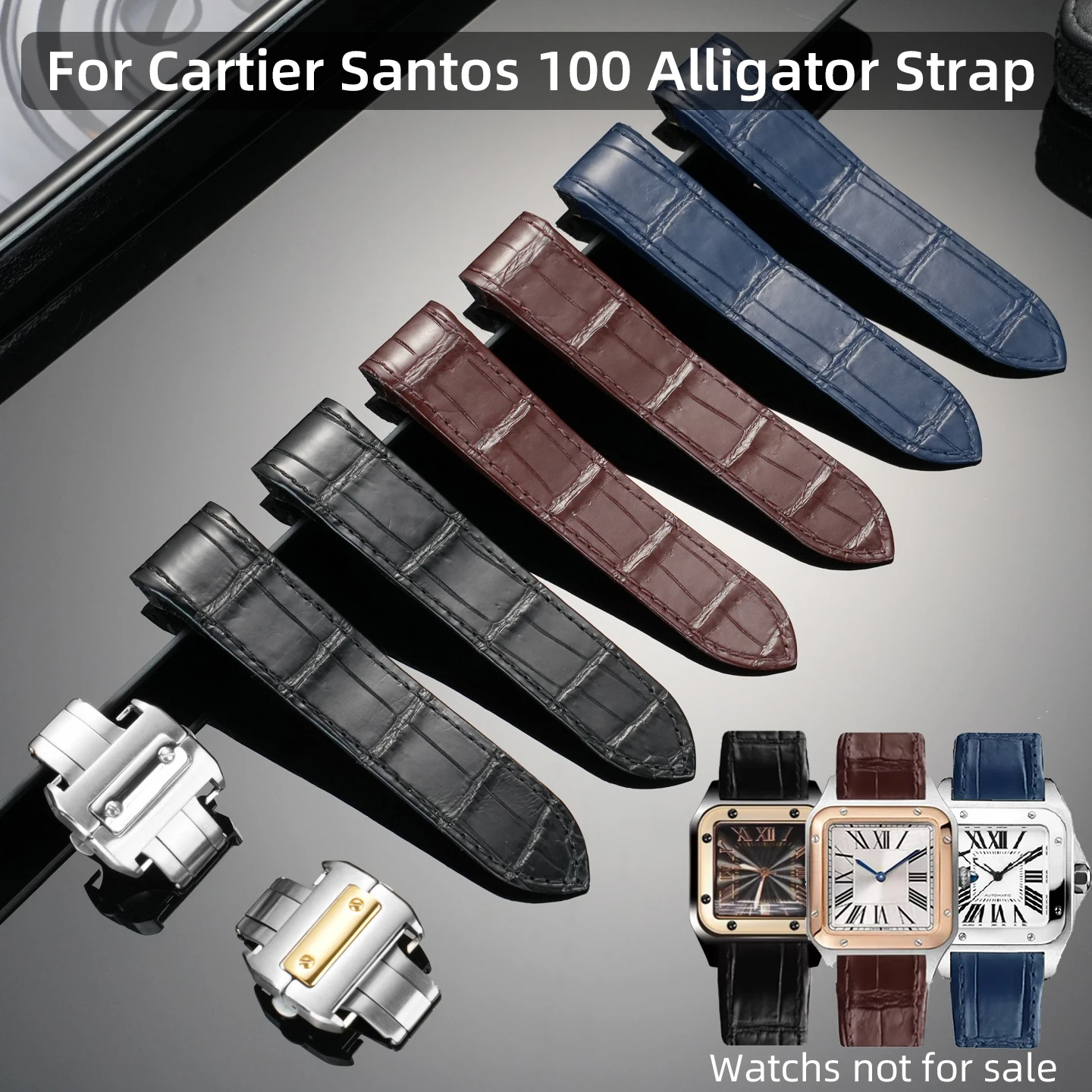 20mm 23mm crocodile leather strap for Cartier Santos series bracelet watch belt Santos 100watch band blue black brown wristband