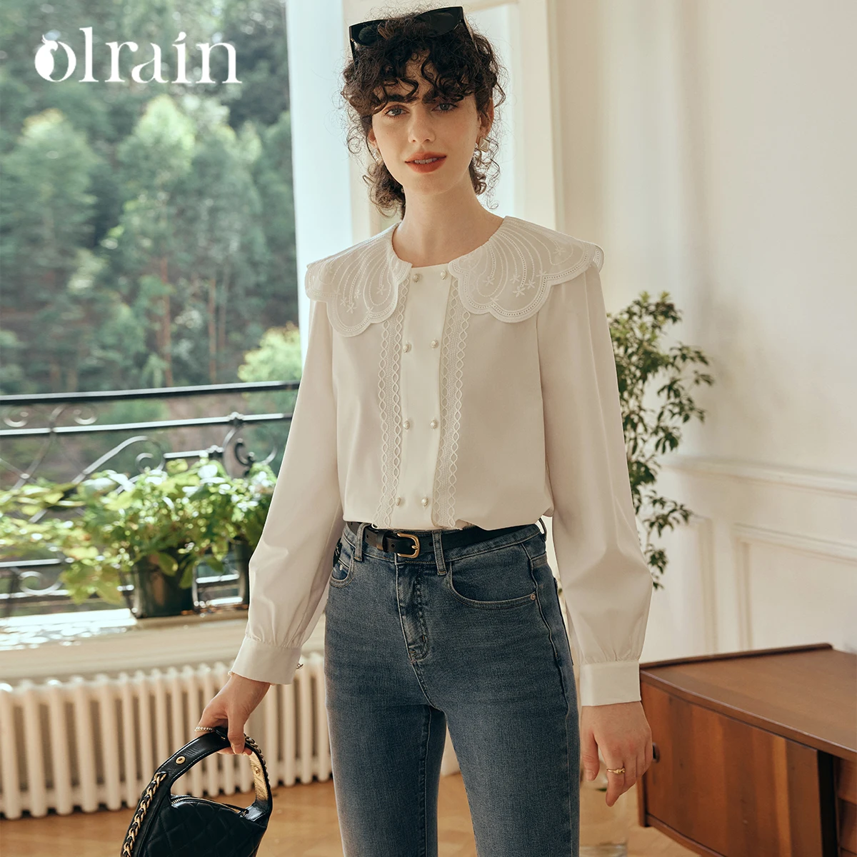 

OLrain Doll Collar Shirt Women's 2025 New White Long-sleeved Chiffon Top Backing French Shirt O23QX68662