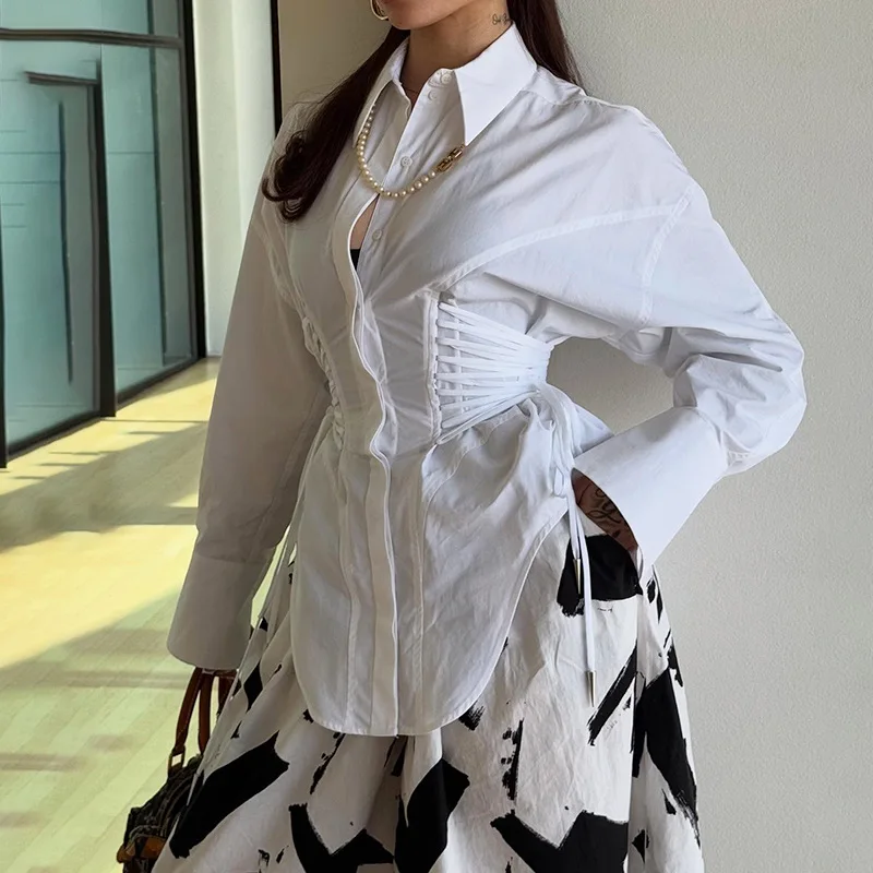 

SuperAen модная и повседневная рубашка для женщин, лето 2025, новый кардиган на шнуровке на талии, асимметричные рубашки с отложным воротником