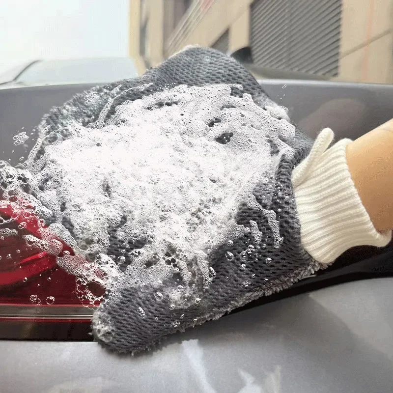 Car Wash Glove Microfiber Towel Sandwich Mesh Fabric Double-Sided Wipe Scratch Free Hangable Auto Window Stair Rail Clean Mitt