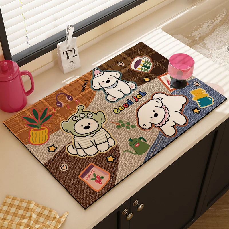 VIKAMA Cute Cartoon Cat Head Drying Mat Brown Background Paw Print Anti-Slip Absorbent Pad For Kitchen Sink Coffee Counter Decor