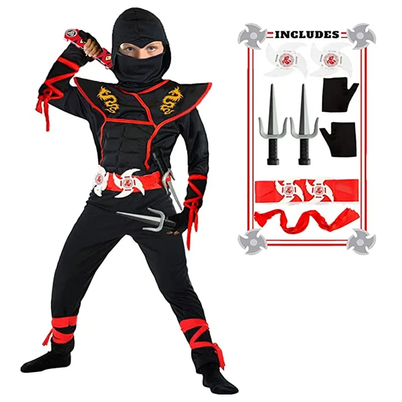 Ninja Costume Deluxe Black Kids Ninja Costume with Plastic Accessories Halloween Cosplay Ninja Outfit for Boys Girls