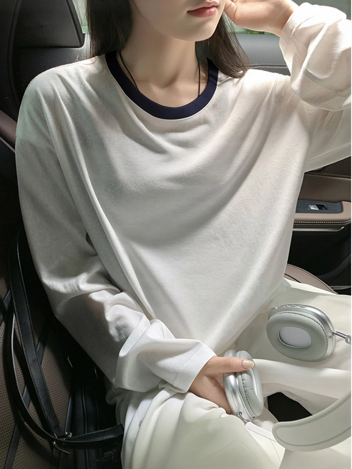 Basic Grey Loose Long Sleeve round Neck T-Shirt Women's Lightweight Breathable Summer Top Air Conditioning Cover up Loose Fit