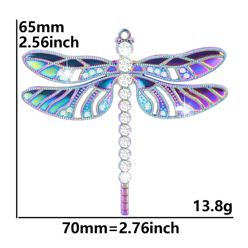 Fashion Large Dragonfly Wings Rhinestone Rainbow Charms Necklace for Women  Collar Alloy Pendant Stainless Steel Chains Jewelry