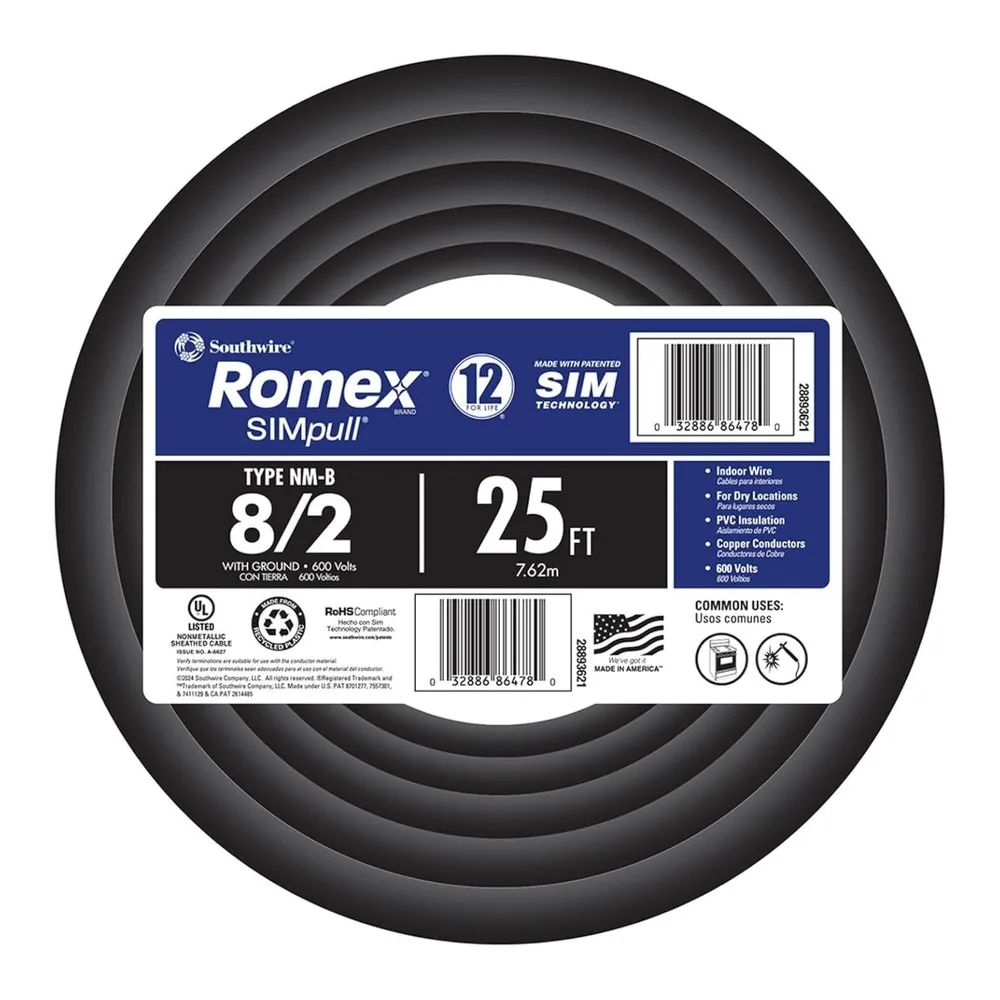 

Кабель с неметаллической оболочкой длиной 8/2 AWG, 25 футов, с заземлением, черный — в список UL и сертифицированный CSA