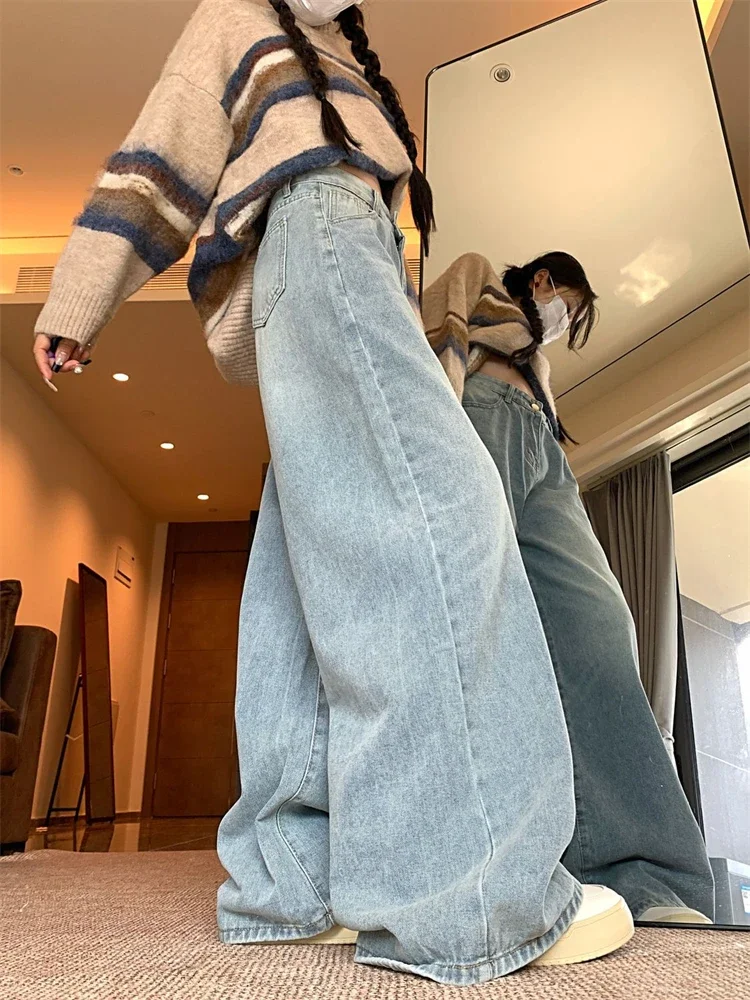 Damskie luźne jeansy vintage w kolorze niebieskim, z wysokim stanem, proste, kowbojskie, spodnie w stylu lat 90., streetwear, casualowe, szerokie nogawki, spodnie dżinsowe Y2K.