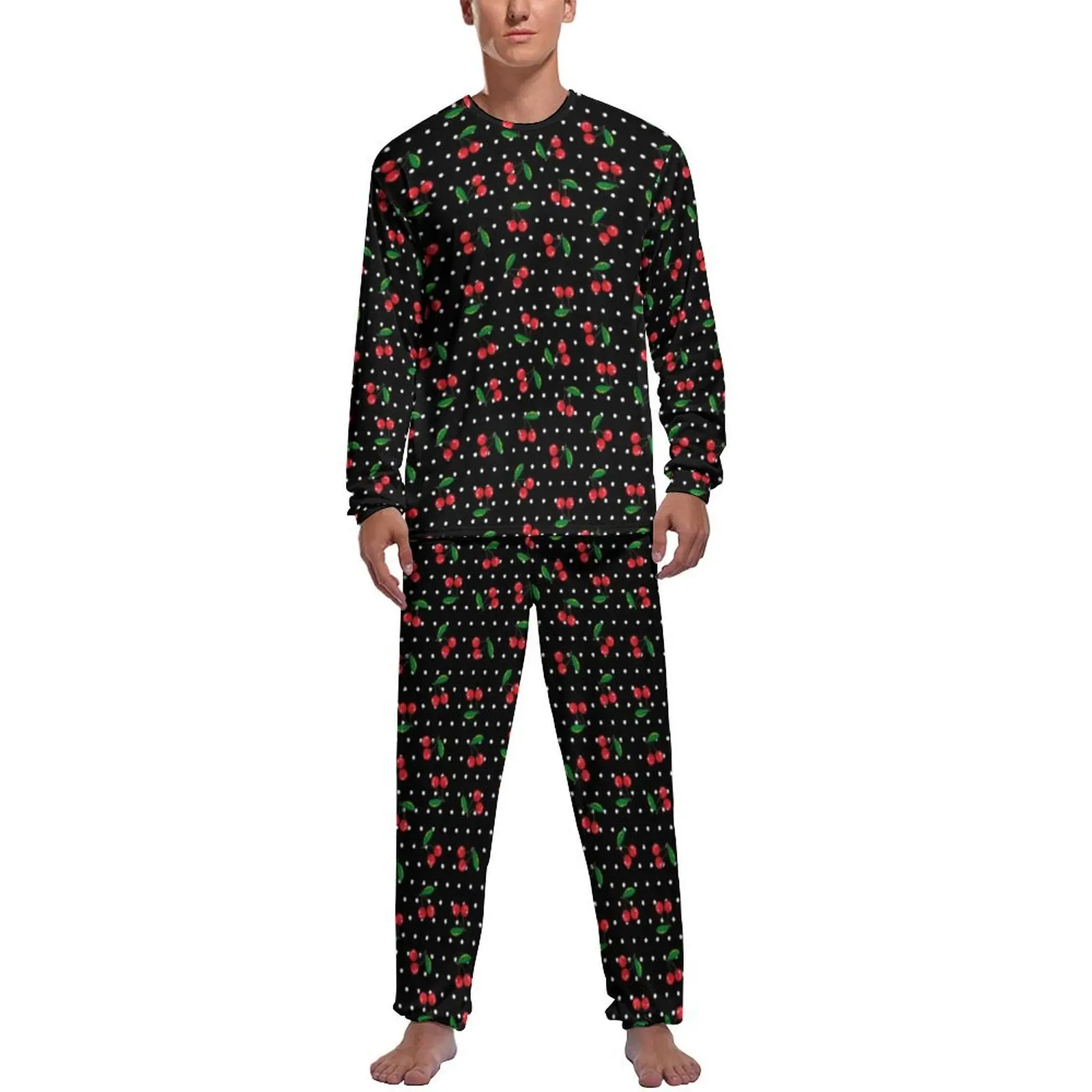 Cherry And Leaf Pajamas Long Sleeve Polka Dots Print 2 Pieces Night Pajama Sets Daily Mens Design Retro Nightwear