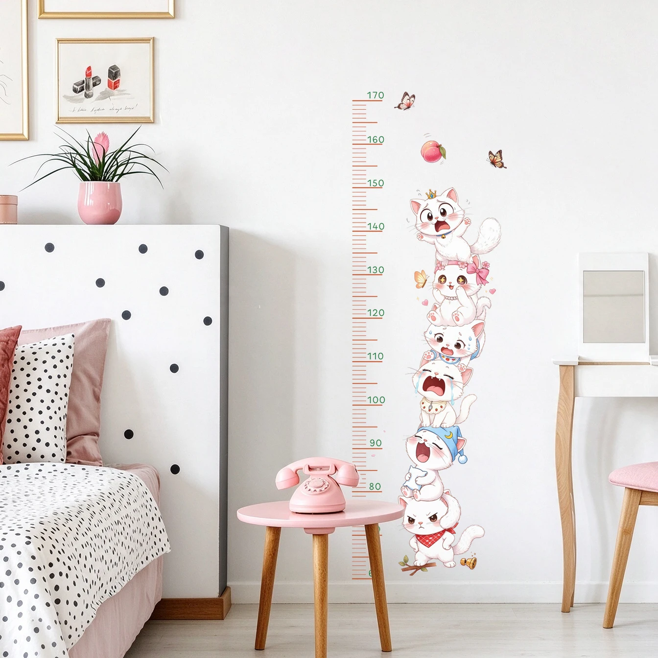 Cute Stacked Cat Height Chart Wall Stickers Kids Growth Ruler Peach Butterfly Peel And Stick Decal Girls Bedroom Decor