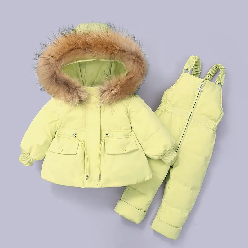 

Children Duck Down Clothes Suit Winter Fur Baby Girls Snowsuit Coat Kids Outwear Warm Ski Set -30 Degree Jacket Jumpsuit 2Pcs