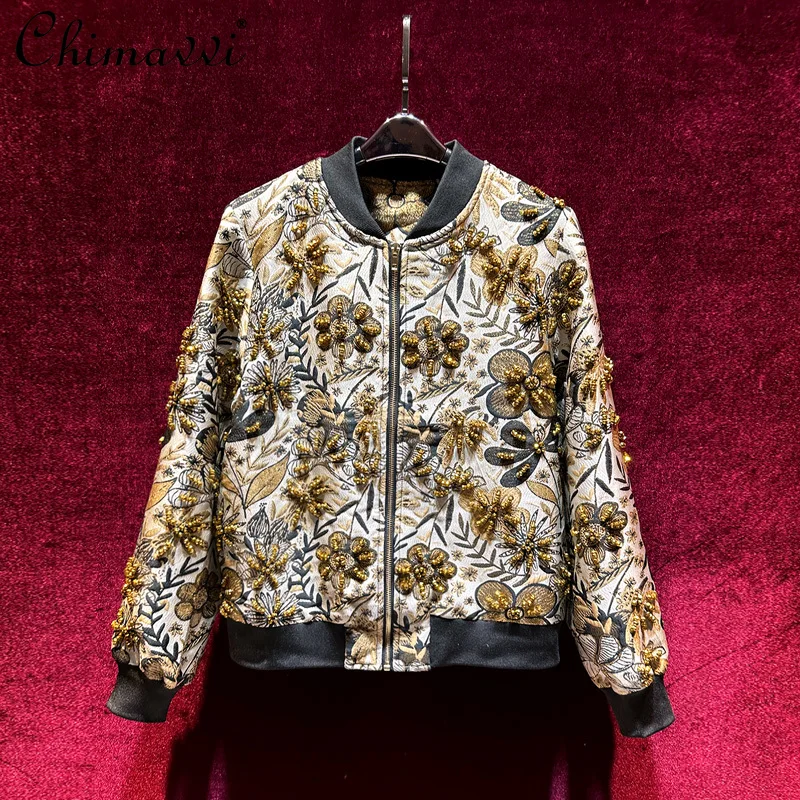 

Luxury Gold Thread Jacquard Heavy Beaded Jacket High-end Long Sleeve Elegant Jacket Baseball Jacket Women's Autumn Coat Top