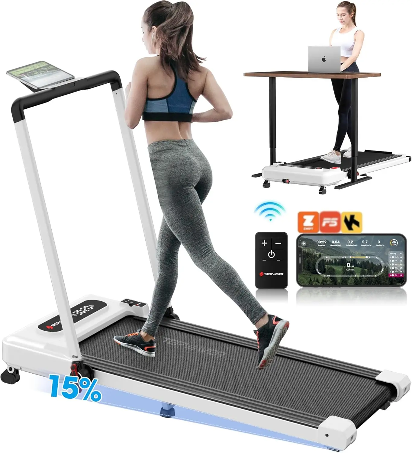 Pad Treadmill for Home, 3 in 1   Under Desk Treadmill Incline Office App Remote Control - 3 HP Portable Folding T