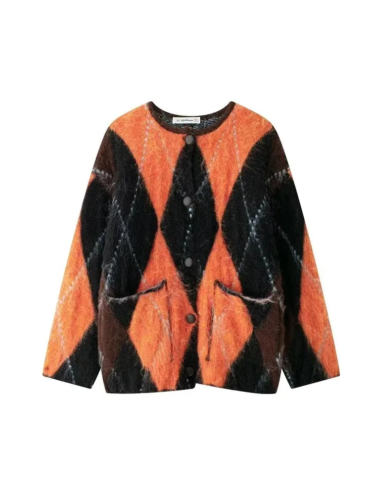 

Women's Fashion Jacquard Knit Cardigan 2024 Fall/Winter Casual Loose Round Neck Long Sleeve Pocket Embellished Sweater